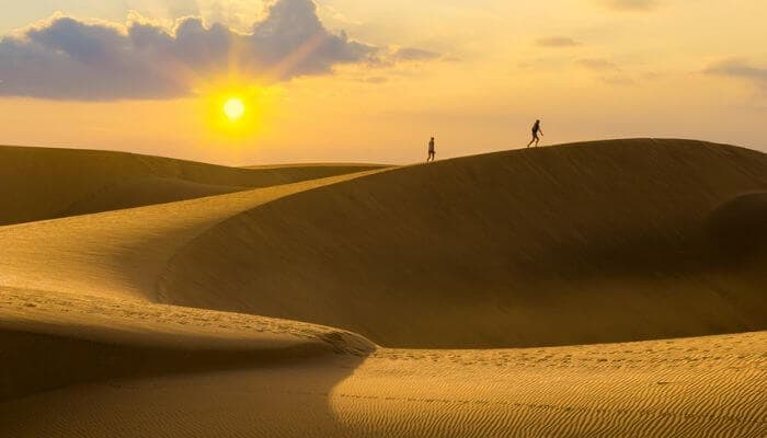 Golden sand dunes of Maspalomas at sunset with the beach beyond, Gran Canaria